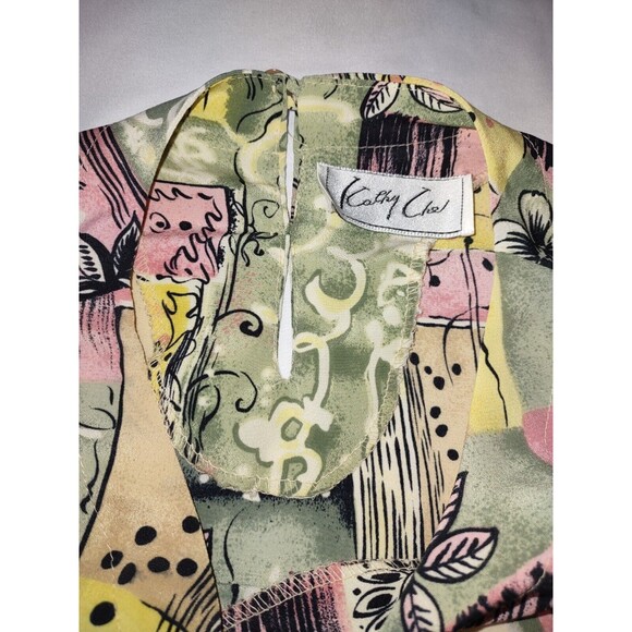5/$25 EUC Sz Med Blouse Short Sleeve Color Block Floral Pink Green Yellow - Picture 4 of 7